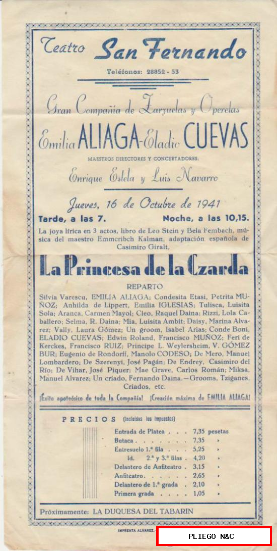 Gran Compañía de Zarzuelas y Operetas. La Princesa de la Czarda