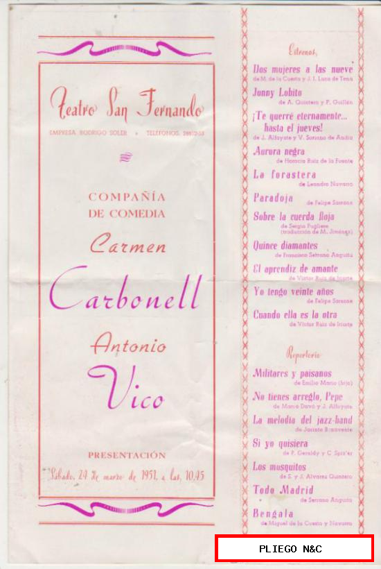 Compañía de comedia Carmen Carbonell-Antonio Vico. Teatro S. Fernando 1951