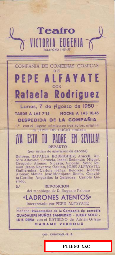 Programa de mano. Ya está tu padre en Sevilla. Teatro Victoria Eugenia 1950