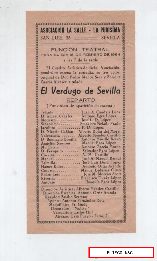 Cartel (21x10) El Verdugo de Sevilla. Función Teatral. Asociación La Salle-Sevilla 1964