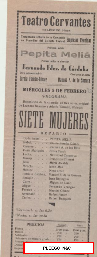 Siete Mujeres. Programa teatral (31x11) Teatro Cervantes-Sevilla 1936