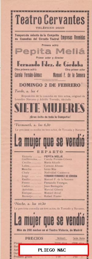 Siete Mujeres y La Mujer que se vendió. Programa teatral (31x11) Cervantes-Sevilla-1936