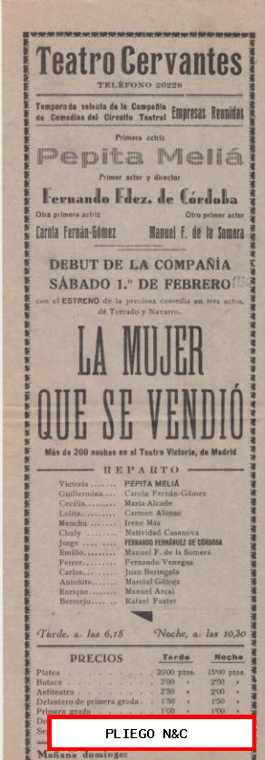La mujer que se vendió. Programa teatral (31x11) Teatro Cervantes-Sevilla 1936