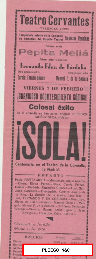 ¡Sola! Programa teatral (31x11) Teatro Cervantes-Sevilla 1936