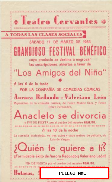 Grandioso Festival Benéfico. Programa (22x14) Teatro Cervantes-Sevilla 1934
