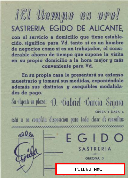 Sastrería Egido. Gerona, 5 Alicante. Cartel publicitario (21,5x15,5)