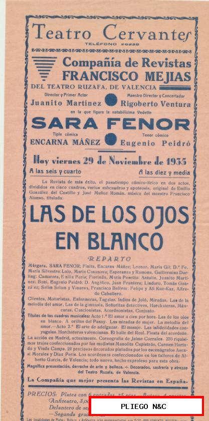 Programa Teatral (31x15) Las de los ojos blancos. Teatro Cervantes-Sevilla 1935