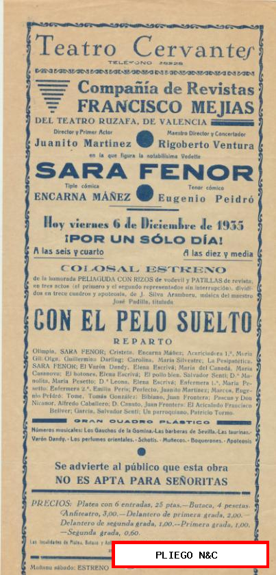 Programa Teatral (31x15) con el pelo suelto. Teatro Cervantes-Sevilla 1935