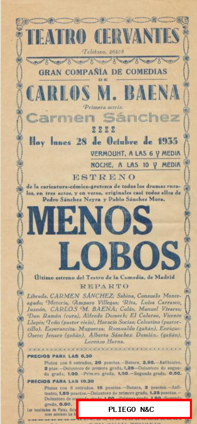 Programa Teatral (31x15) Menos Lobos. Teatro Cervantes-Sevilla 1935