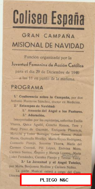 Coliseo España. Gran Campaña Misional de Navidad. Juventud Femenina Sevilla 1940. Cartel 21x15
