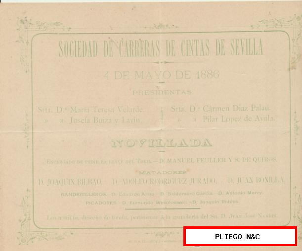 Sociedad de Carreras de Cintas de Sevilla y Novillada 4 de Mayo de 1886. Cartel (18x23) en cartulina