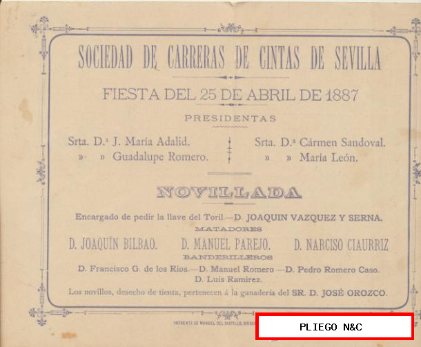 Sociedad de Carreras de Cintas de Sevilla y Novillada. Cartel (18x24) Fiesta del 25 de abril de 1887