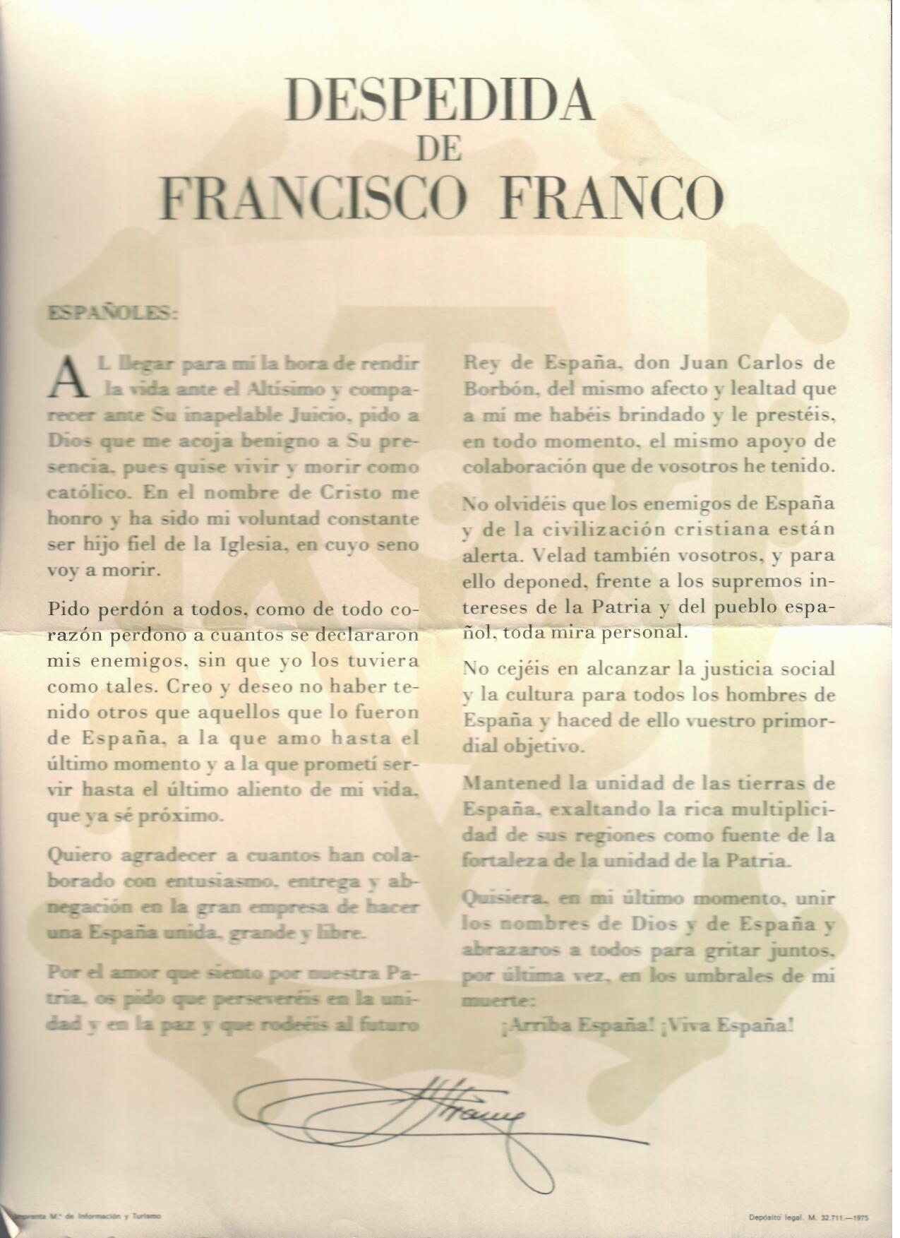 Despedida de Francisco Franco. Imprenta M.º de Información y Turismo