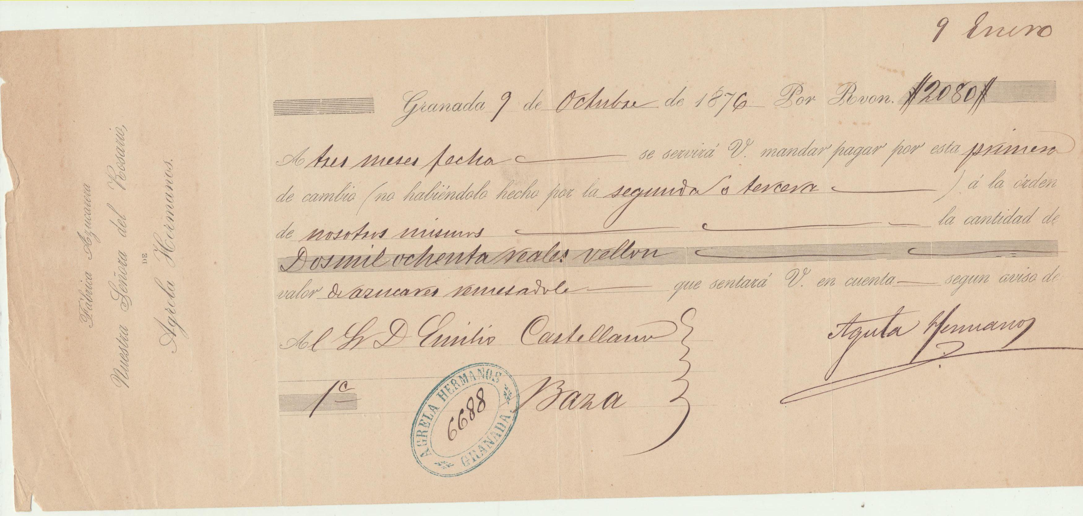 Letra de Cambio con Membrete por 2080 Reales vellón. Granada 9 Octubre 1876. Pagadera en Baza