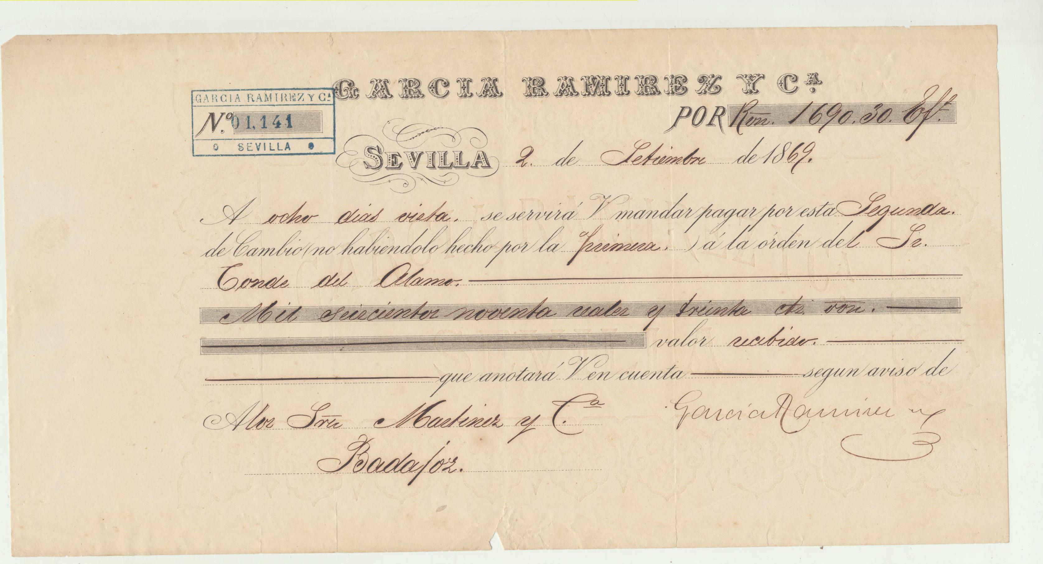 Carta con Membrete por 1690 Reales y 30 cts. Sevilla 2 Setiembre 1869. pagadera en Badajoz
