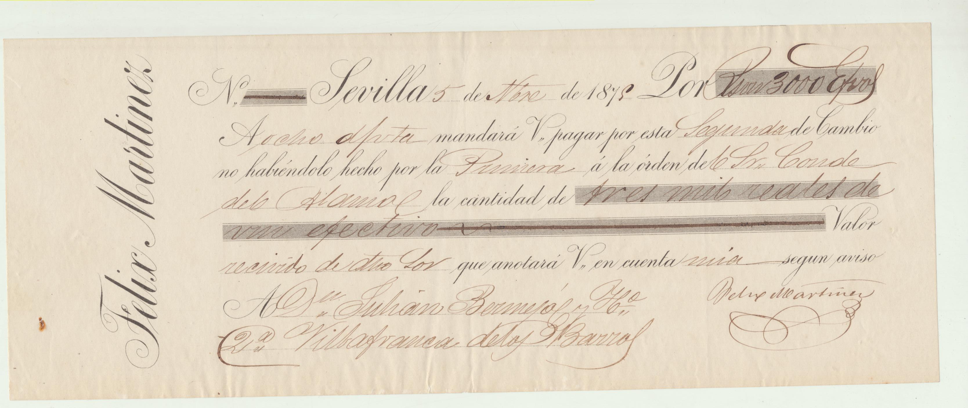 Carta con Membrete por 3000 Reales vellón. Sevilla 5 Noviembre 1875. Pagadera en Villafranca de los Barros