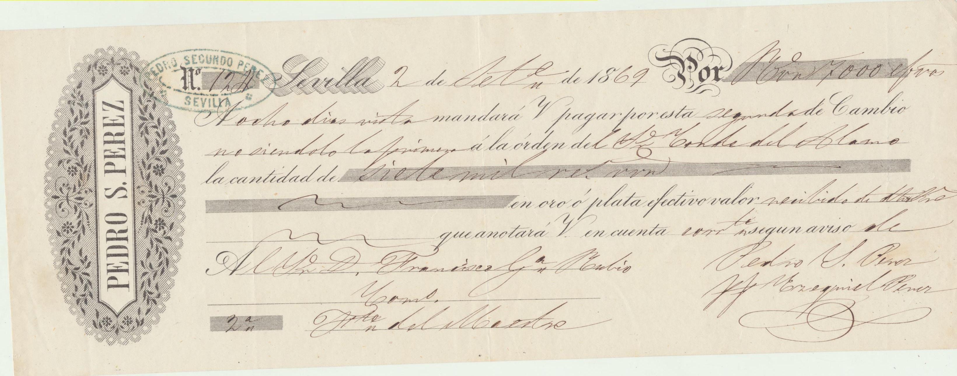 Letra de Cambio con membrete. Por 7000 Reales vellón. Sevilla 12 Set. 1869