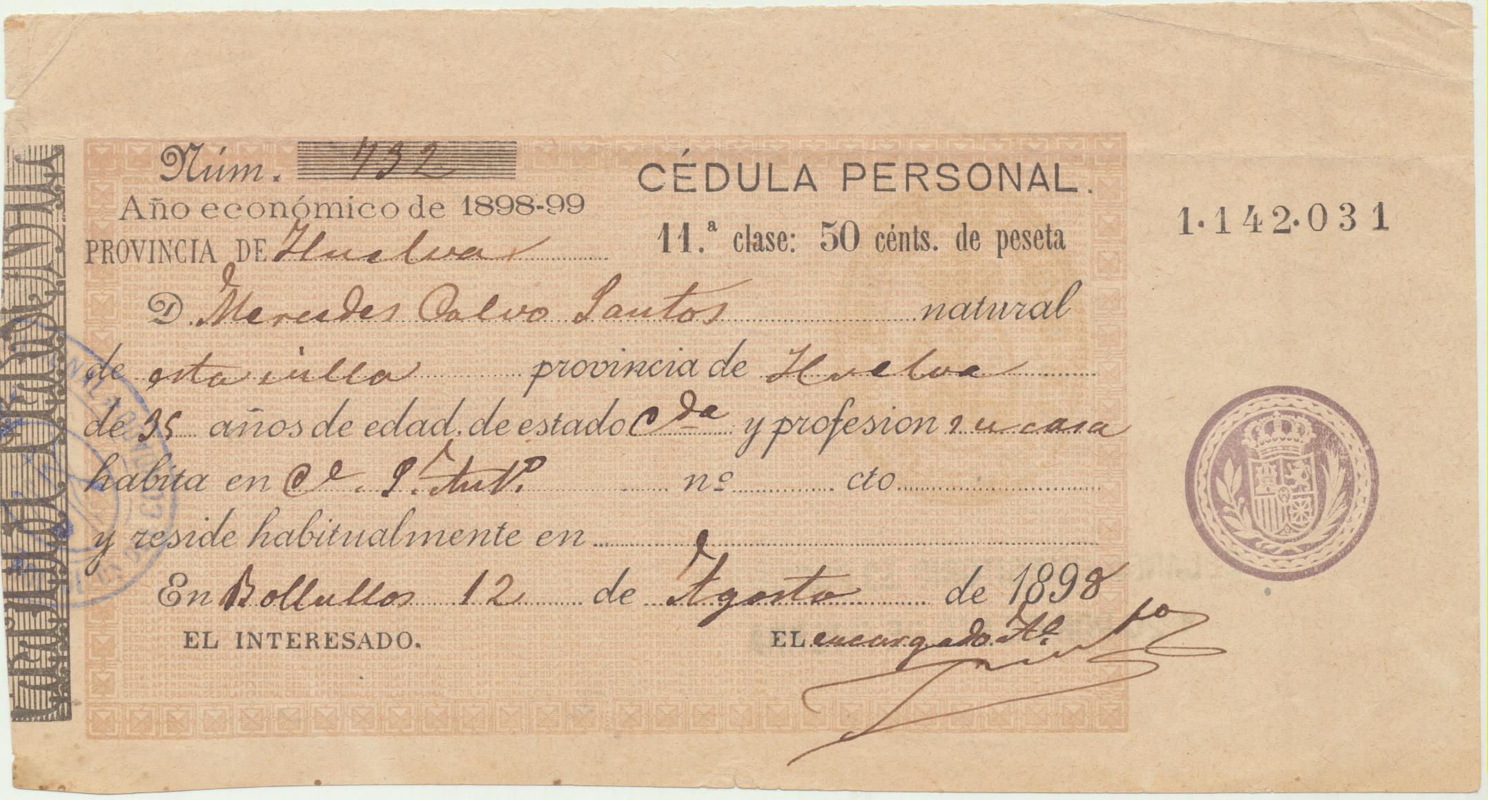 Cédula Personal. Año 1898-99. Bollullos del Condado (Huelva) 12 Agosto 1889. Al dorso: Recargo transitorio de 30 por ciento y 20 por ciento de Guerra