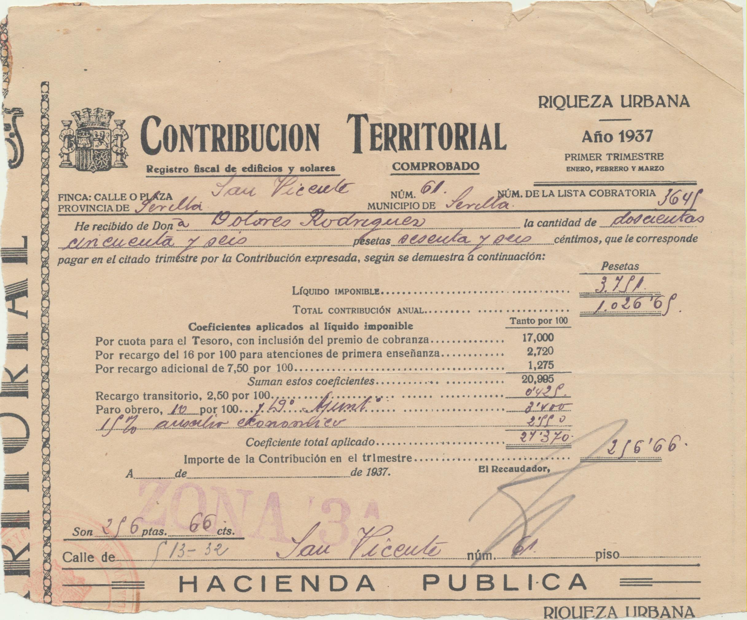 Contribución Territorial. Sevilla 1937