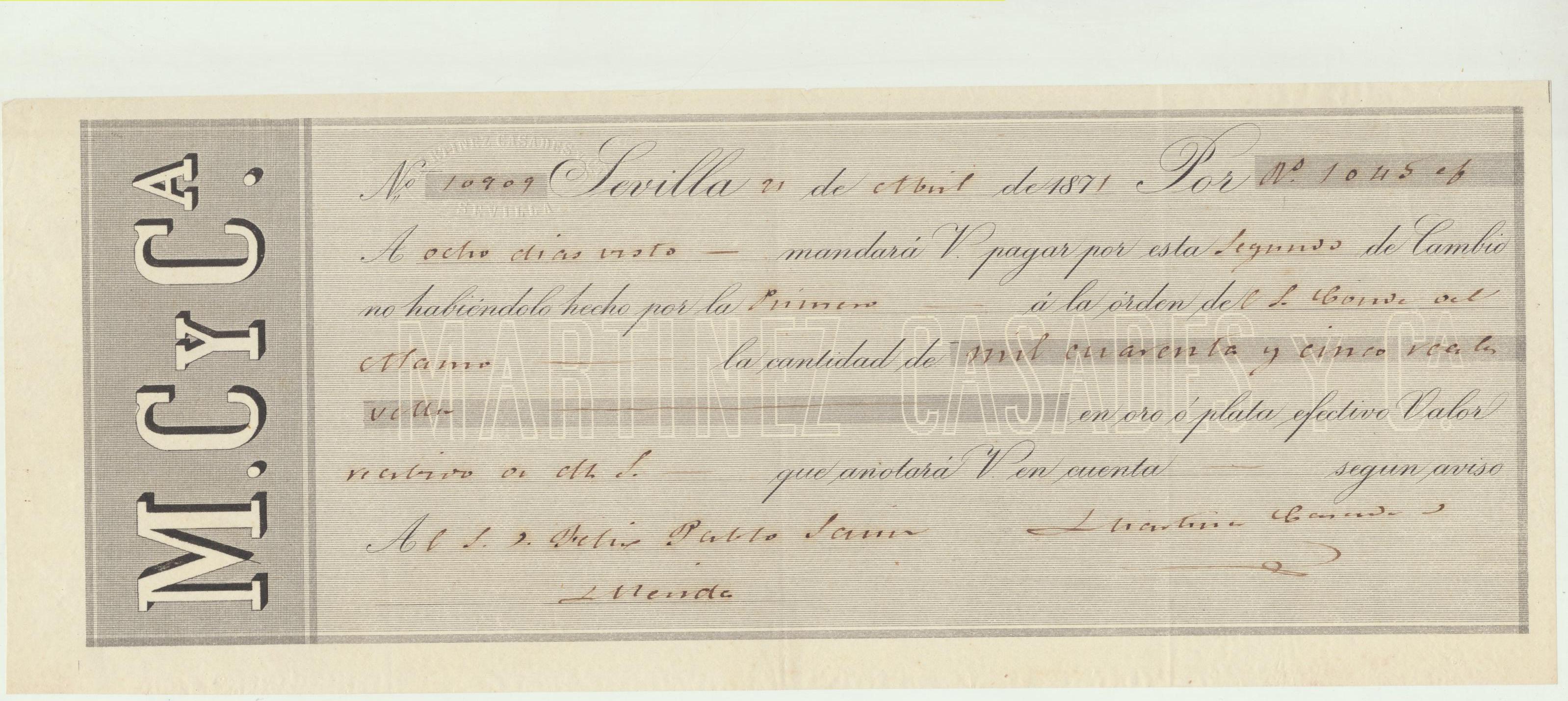 Letra de Cambio con Membrete por 1045 Reales de vellón. Sevilla 21 de abril de 1871. Pagadera en Mérida