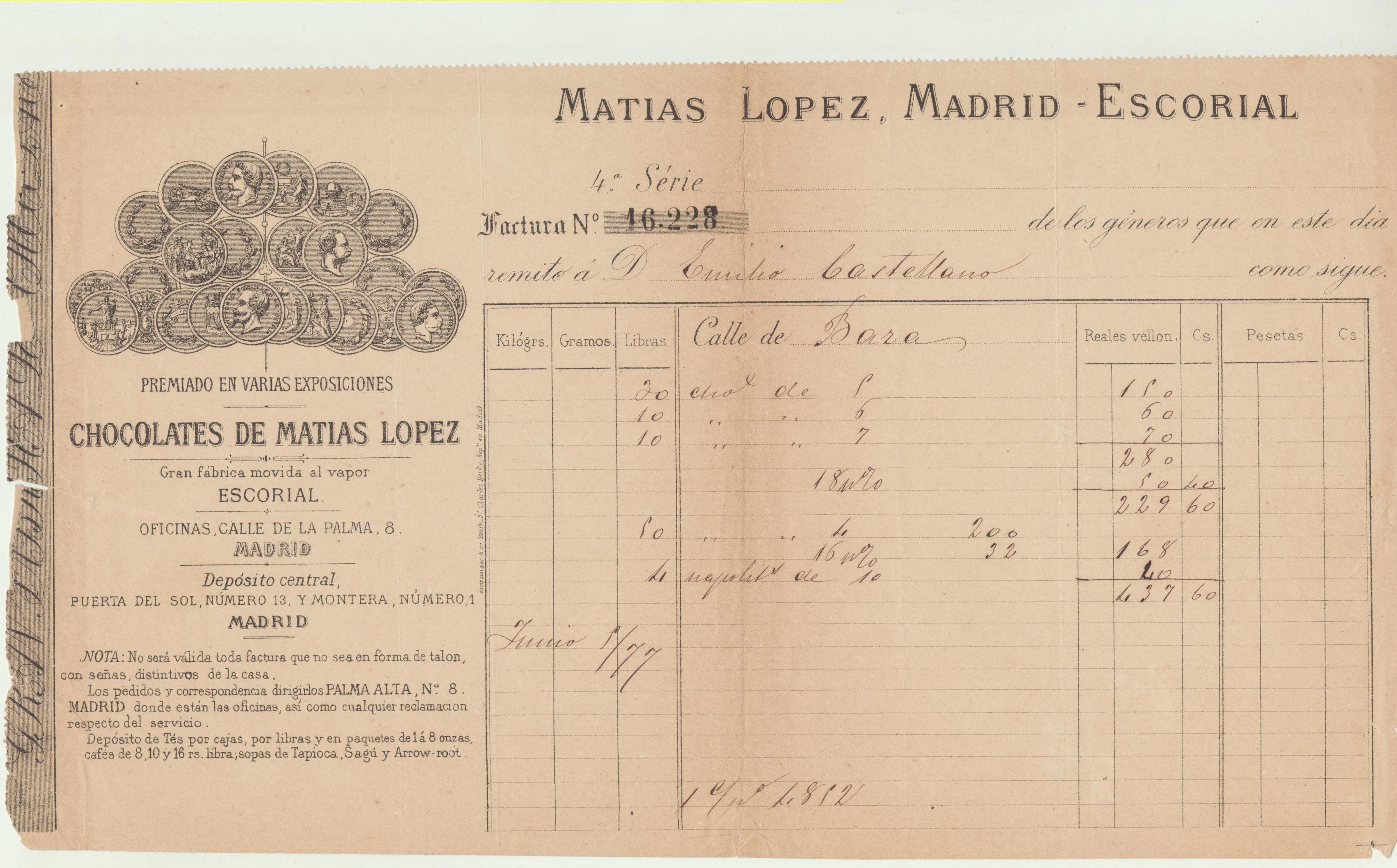 Chocolates Matías López. Madrid-Escorial. Factura a D. Emilio Castellano por 437 con 60. Reales de vellón. Madrid 1 de junio de 1877