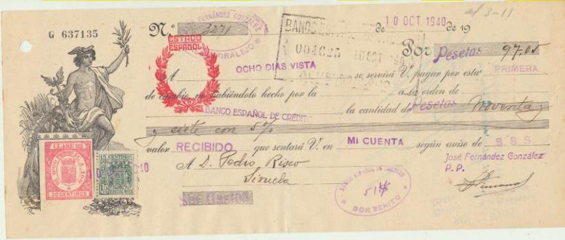 Letra de Cambio por Ptas. 97,05. Almendralejo 10-10-1940. pagadera en Siruela. Sello en seco del Estado Español