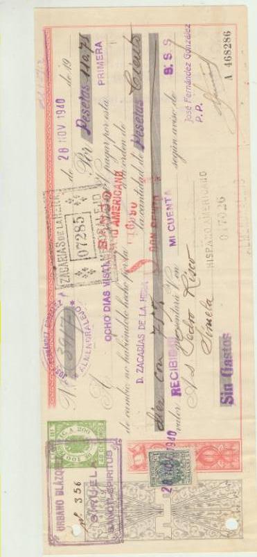 Letra de Cambio por Ptas 110,75. Almendralejo 28-11-1940. pagadera en Siruela. Varios sellos de tampón