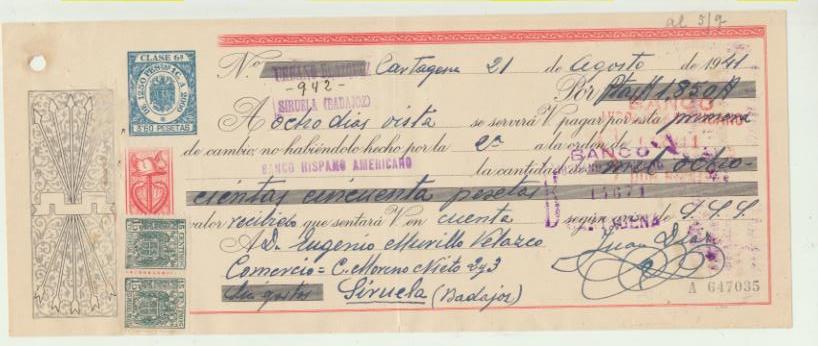 Letra de Cambio por Ptas. 1850. Cartagena 21-8-1941. Pagadera en Siruela