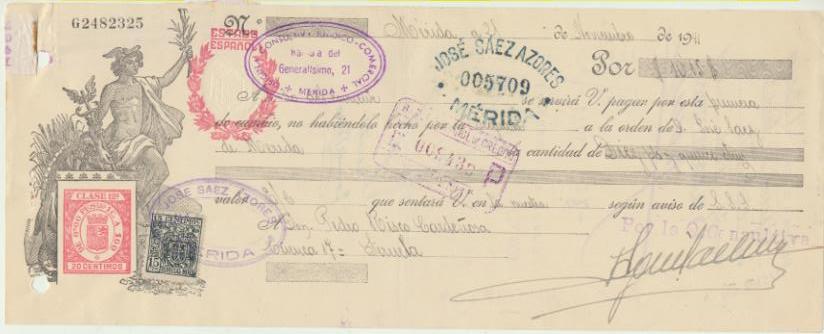 Letra de Cambio por Ptas. 10,15. Mérida 21-11-1941. Sello en Seco del Estado Español. Pagadera en Siruela