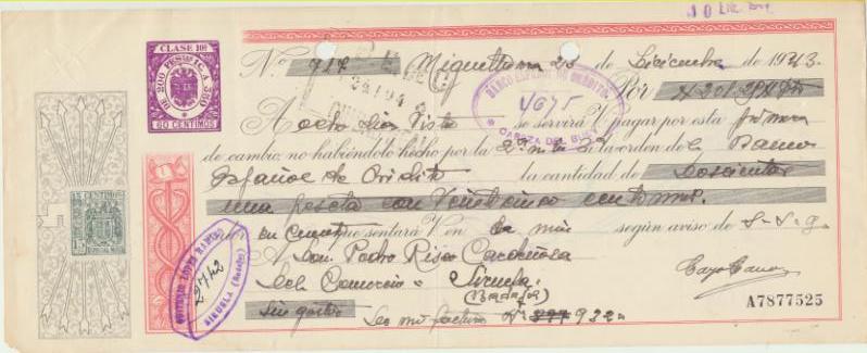 Letra de Cambio por Ptas. 201,25. Miguelturra 23-9-1943. Pagadera en Siruela