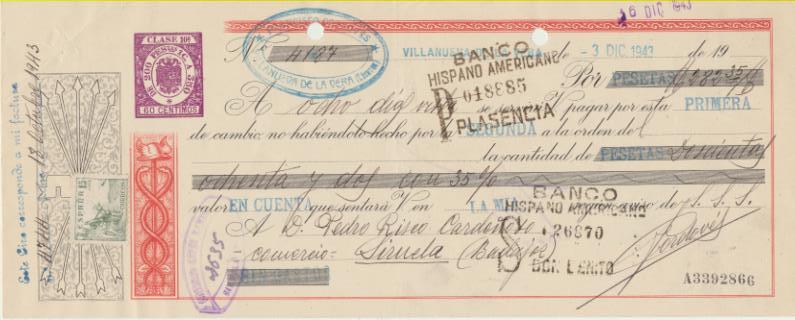 Letra de Cambio por Ptas. 282,35. Villanueva de la Vera, 3-12-1943. Dos tampones comerciales. Pagadera en Siruela