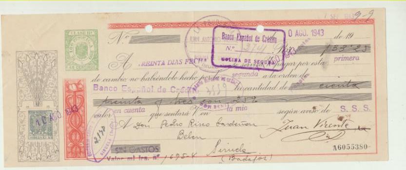 Letra de Cambio por Ptas. 133,25. Molina de Segura, 10-8-1943. Tres tampones comerciales. Pagadera en Siruela