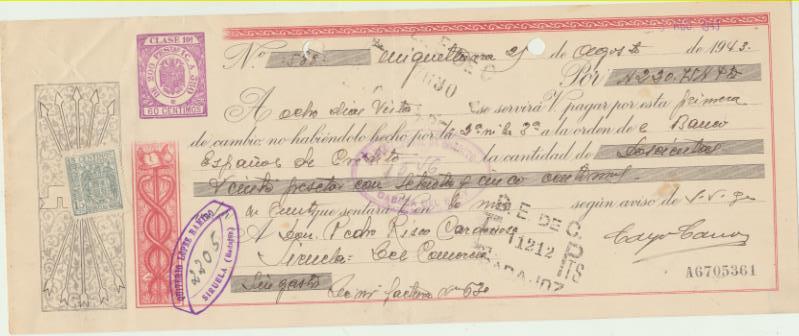 Letra de Cambio por Ptas. 220,75. Miguelturra, 2-8-1943. Pagadera en Siruela