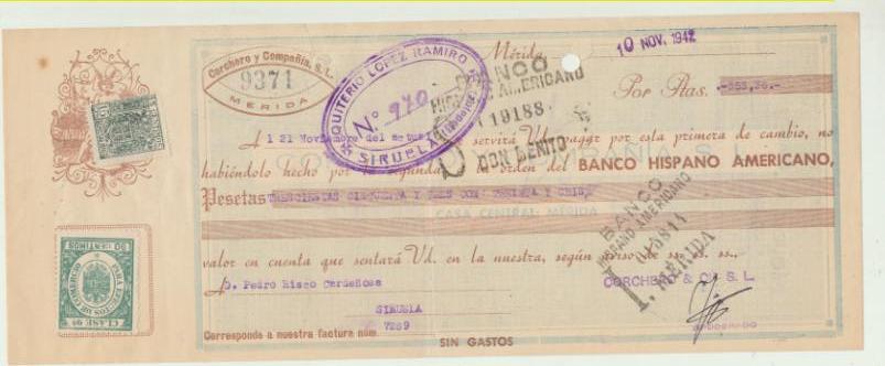 Letra de Cambio por Ptas. 353,36. Mérida, 10-11-1942. Varios tampones comerciales. Pagadera en Siruela