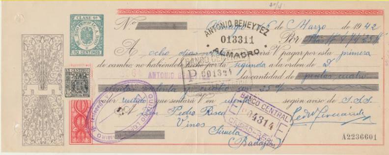 Letra de Cambio por Ptas. 474,25. Almagro 16-3-1942. Pagadera en Siruela
