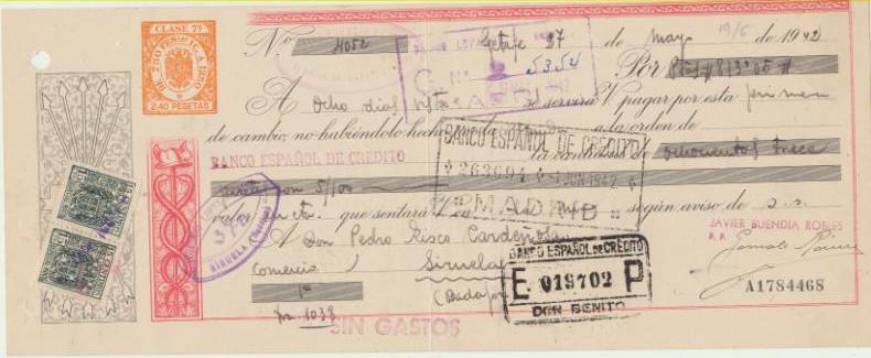 Letra de Cambio por Ptas. 813,05. Getafe 27-5-1942. Pagadera en Siruela