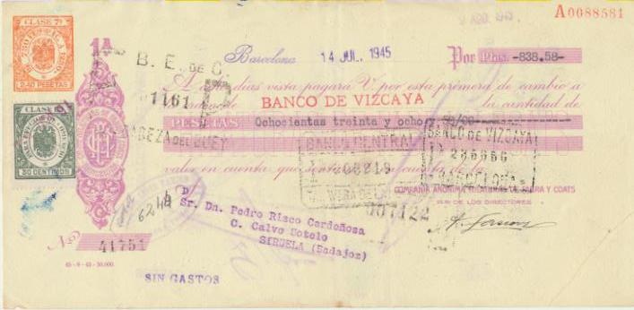 Letra de Cambio con Membrete por Ptas. 838,58. Barcelona 14-7-1945. Hilaturas de Fabra y Coats, Barcelona. Pagadera en Siruela