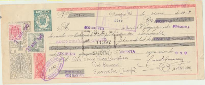 Letra de Cambio por Ptas. 588,70. Almagro 31-3-1945. Pagadera en Siruela. La Letra, además de los timbres tiene un sello adicional de Correos, 40 cts.