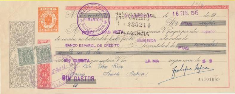 Letra de Cambio por Ptas. 990,25. Plasencia 16-2-1945. Pimentón, Felipe López, Plasencia. Pagadera en Siruela