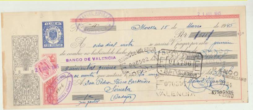 Letra de Cambio por Ptas. 515. Morella 15-3-1945. Pagadera en Siruela