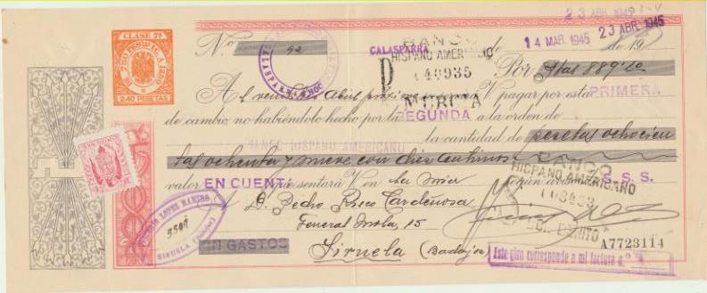 Letra de Cambio por Ptas. 889,10. Calasparra 14-3-1945. Pagadera en Siruela