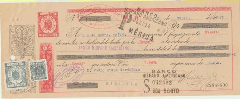 Letra de Cambio por Ptas. 121,50. Mérida 3-11-1947. Pagadera en Siruela