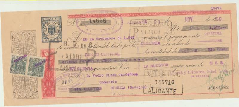 Letra de Cambio por Ptas. 1375. Alicante 21-11-1947. Pagadera en Siruela. Dos tampones comerciales