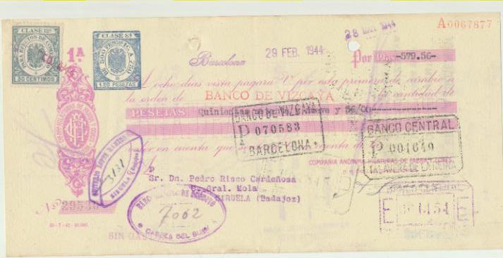 Letra de Cambio con Membrete por Ptas. 579,56. Barcelona 29-2-1944. Hilaturas de Fabra y Coats. Pagadera en Siruela