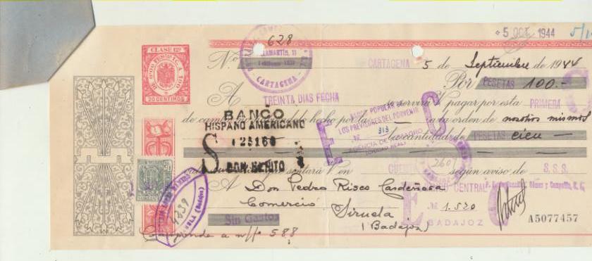 Letra de Cambio por Ptas. 100. Cartagena 5-9-1944. Pagadera en Siruela. La Letra lleva grapado dos avisos de pago