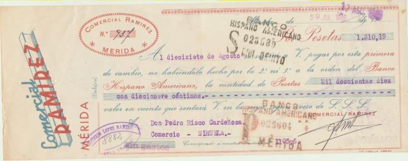 Letra de Cambio con Membrete por Ptas. 1.210,19. Comercial Ramírez, Mérida 17-8-1946. Pagadera en Siruela