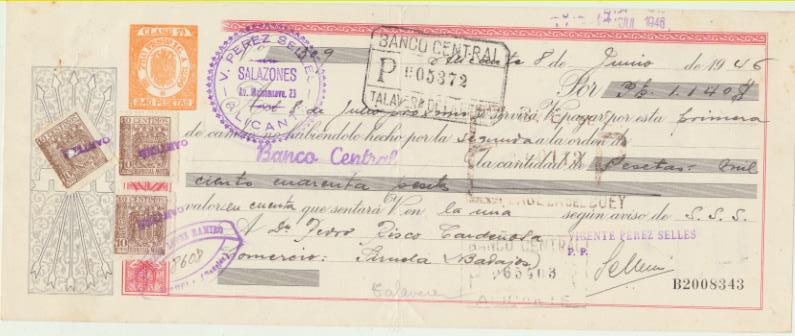 Letra de Cambio por Ptas. 1.140. Salazones V. Pérez Selles, Alicante 8-6-1946. Pagadera en Siruela