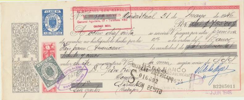 Letra de Cambio por Ptas. 735. Almacenes San Rafael, R. de los Reyes, Ciudad Real 31-5-1946. Pagadera en Siruela