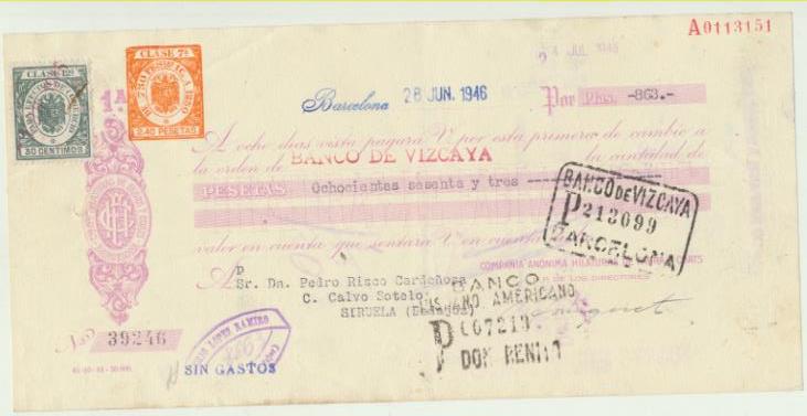Letra de Cambio con Membrete por Ptas. 863. Hilaturas de Fabra y Coats. Barcelona 28-6-1946. Pagadera en Siruela