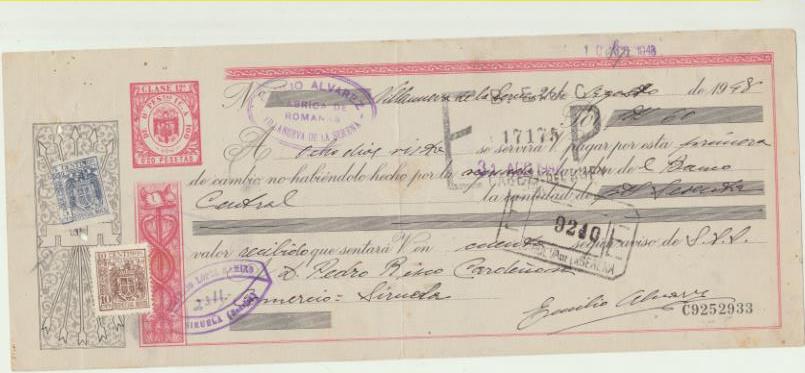 Letra de Cambio por Ptas. 60. Fábrica de Romanas Emilio Álvarez, V. La Serena 21-8-1948. Pagadera en Siruela